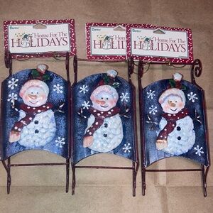 Home For The Holidays Snowman Blue Metal Sleigh Hanging Ornaments Bundle of 3